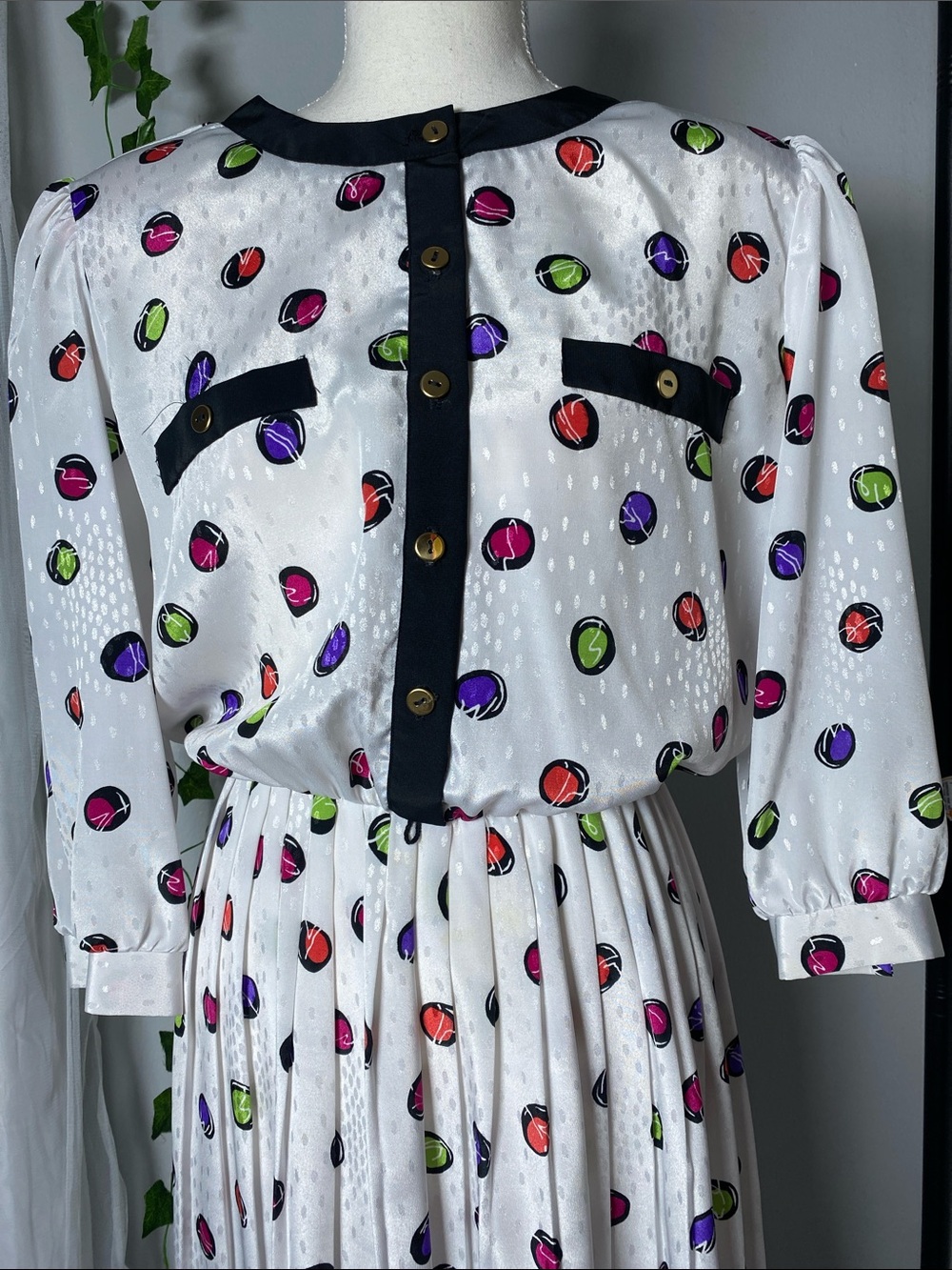 Vintage 80s Polka Dot Pleated Midi Dress Colorful Retro Secretary Dress - Picture 4 of 4
